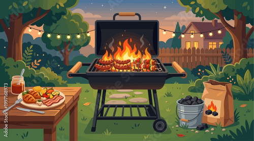A charcoal grill sizzles with sausages and kebabs in a backyard setting during twilight, with string lights overhead and a table of food nearby.
