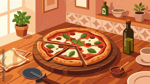 A delicious pizza with basil and pepperoni sits on a rustic wooden table next to olive oil and spices, evoking a cozy, Italian dining experience.