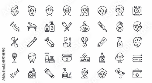 Collection of beauty and cosmetic icons for hair and face care.