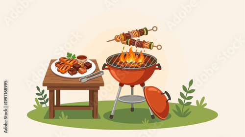 A cartoon-style illustration depicts a red charcoal grill cooking skewers of meat and vegetables, with a plate of grilled food and tongs on a nearby wooden table.
