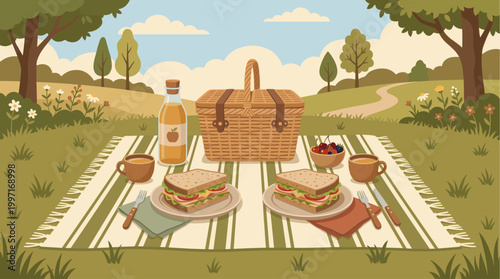A delightful illustration depicts a classic wicker picnic basket, sandwiches, fruit, and juice set on a striped blanket in a serene outdoor landscape.