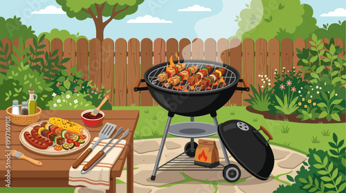 A vibrant, flat illustration depicts a summer backyard scene with a barbecue grill cooking kebabs and sausages next to a table laden with corn and vegetables.