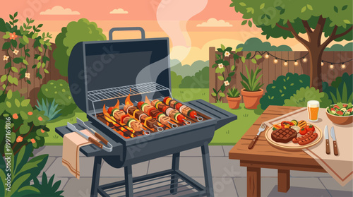 Flat illustration of a barbecue grill cooking kebabs with vegetables and meat in a garden setting at sunset, food on plate and salad visible on table.