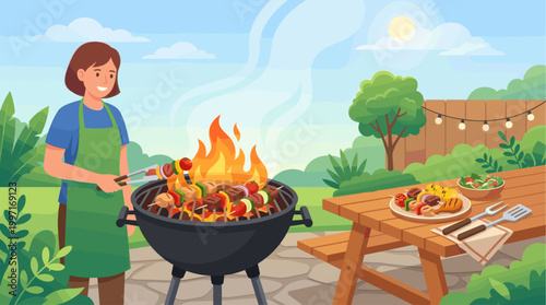 A smiling woman in an apron grills kebabs on a flaming barbecue in a sunny backyard with a picnic table laden with food.