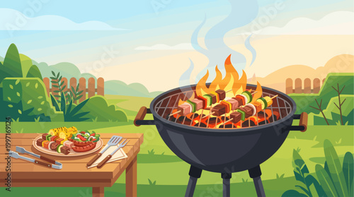 An animated illustration of a backyard barbecue with sizzling skewers of meat and vegetables cooking over flames on a grill, with a table set with food.