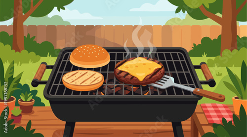 A delicious cheeseburger patty sizzles on a hot grill in a vibrant backyard scene, perfect for summer and food themes.