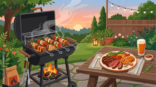 A vibrant illustration of a summer barbecue in a lush garden at sunset, featuring a charcoal grill with sizzling skewers and a plated meal with a beer.