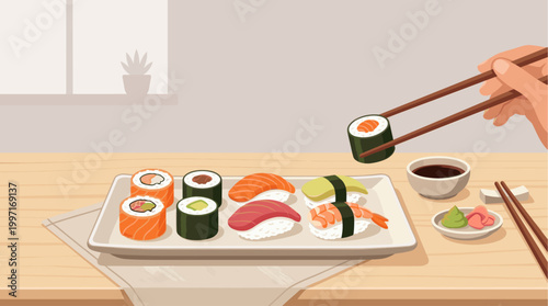 A hand uses wooden chopsticks to pick up a sushi roll from a platter with various sushi pieces and dipping sauce.