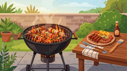 A vibrant illustration of a barbecue grill with skewers of meat and vegetables cooking over flames, set in a sunny backyard.