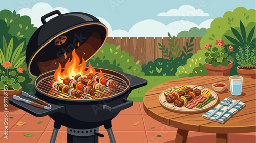 A vibrant illustration depicts a charcoal grill cooking delicious skewers of meat and vegetables in a lush garden backyard setting, with food laid out on a wooden table.