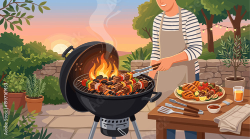 A smiling man in an apron grills meat and vegetable skewers over a charcoal barbecue in a backyard garden during a beautiful sunset.