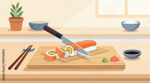 A flat illustration shows a cutting board with sushi rolls being prepared, including salmon, avocado, rice, wasabi, ginger, soy sauce, and chopsticks.