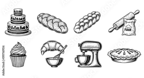 Vintage engraved bakery and pastry icon set in hand drawn style