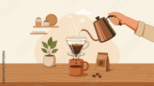 A hand carefully pours hot water from a gooseneck kettle into a pour-over coffee maker, brewing fresh coffee into a mug below.