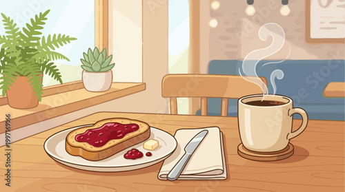 A cozy illustration of a table set for breakfast, featuring a cup of steaming coffee, toast with jam, and a small plant by the window, creating a warm and inviting atmosphere.