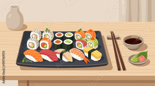 A colorful, flat illustration depicts a black platter filled with assorted sushi and sashimi, alongside chopsticks, soy sauce, wasabi, and pickled ginger on a wooden table.