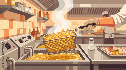 A chef is deep frying french fries in a busy restaurant kitchen, with steam rising from the hot oil and other cooking equipment visible.
