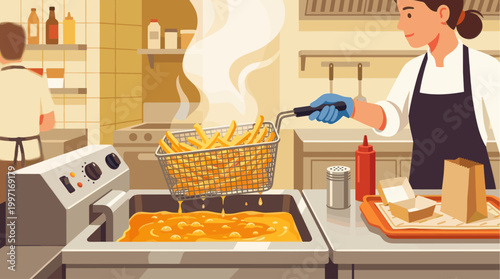 A woman wearing blue gloves fries golden french fries in a basket over hot oil in a professional kitchen.