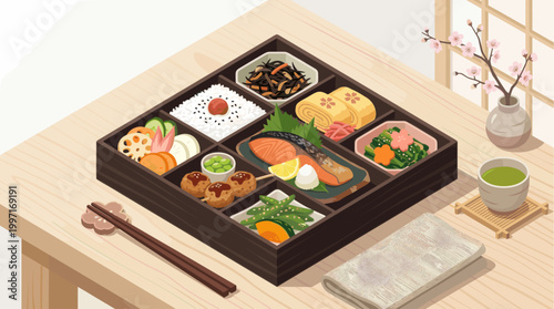 A flat lay illustration of a traditional Japanese bento box filled with various foods, served on a wooden table with cherry blossoms and green tea.