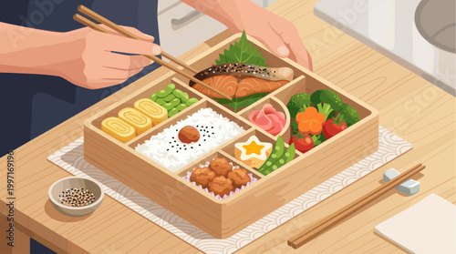 A hands-on view of a delicious bento box lunch, featuring grilled salmon, rice, and assorted vegetables, prepared for a healthy meal.