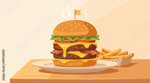 A mouthwatering double cheeseburger with dripping cheese and bacon sits on a plate next to a basket of golden french fries, perfect for food blogs and restaurant menus.