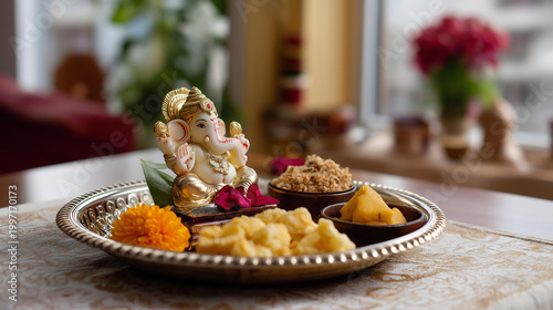 A puja thali with ganesh idol, flowers, sweets and incense on a decorated altar, no people, ganesh chaturthi, family setup, praying thali, ethnic dress concept, worshipping lord ganesh, festival