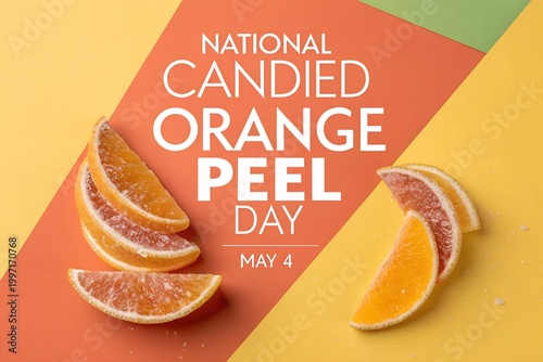 A colorful graphic celebrating National Candied Orange Peel Day with sugary orange slices on a vibrant background