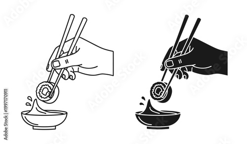 Hand holding chopsticks with sushi icon set, outline and solid style, isolated on white background