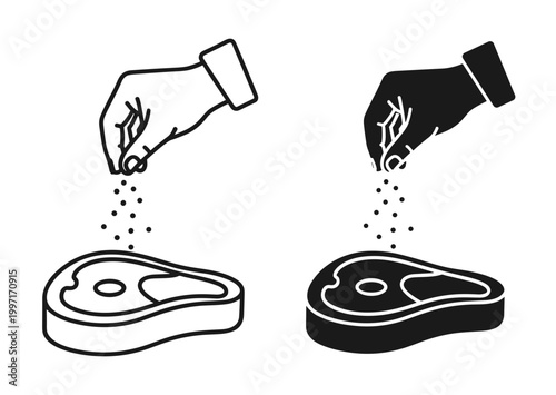 Hand seasoning meat vector icon set with outline and solid steak styles, isolated on white background