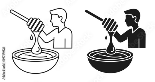 Honey dipper and bowl icon set with person, outline and solid style, isolated on white background