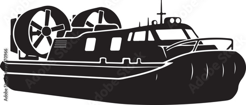 Black hovercraft, vector boat, air cushion vehicle, transportation icon