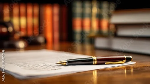 Obraz Fountain pen resting on legal document on a wooden desk with blurred law books and gavel in the background