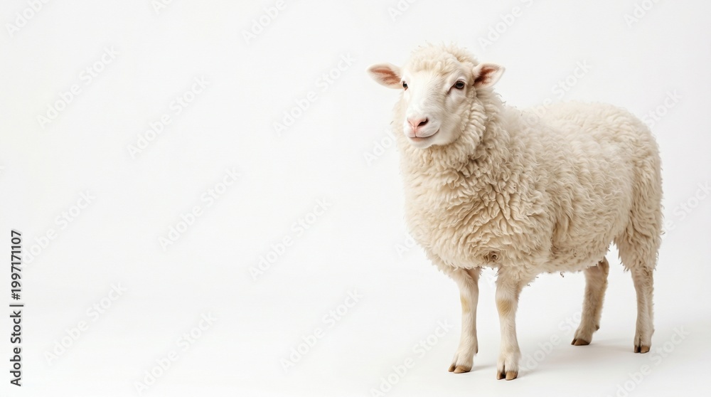 Obraz premium Fluffy White Sheep Standing on Clean White Background with Copy Space