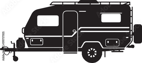 Black camper van, trailer, RV, motorhome vector icon