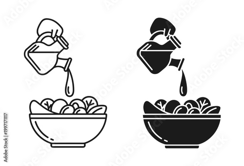 Salad dressing vector icon set with olive oil pouring into bowl, isolated on white background