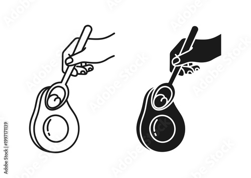 Avocado scooping icon set with hand and spoon, outline and solid style, isolated on white background