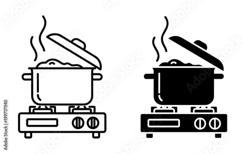 Cooking pot on stove vector icon set, outline and solid style, isolated on white background