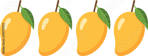 Flat Mango Fruit Illustration Set with Fresh Ripe Tropical Yellow Mango Icons Collection for Healthy Food Design Isolated on White Background