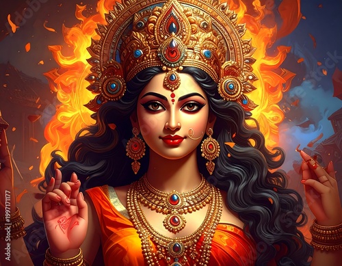 Digital painting depicts a radiant deity with dark curly hair, elaborate jewelry, and a fiery halo. Her expression is serene, yet powerful