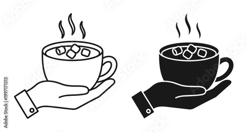 Hot chocolate cup icon set with hand and marshmallows, outline and solid style, isolated on white background
