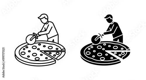 Pizza cutter vector icon set with chef slicing dough, outline and solid style, isolated on white background
