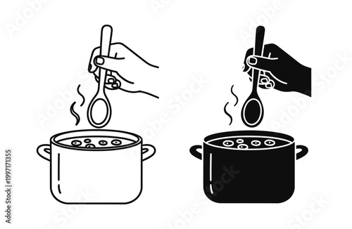 Cooking pot icon set with hand stirring spoon, outline and solid style, isolated on white background