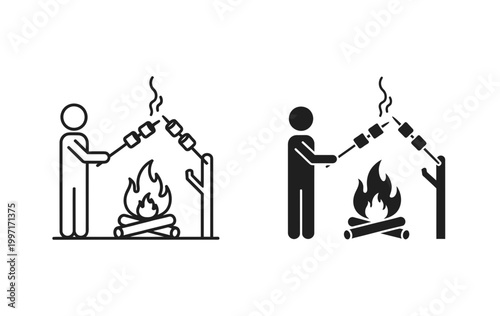 Roasting marshmallows vector icon set with campfire and person, isolated on white background