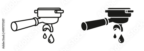 Coffee portafilter vector icon set with outline and solid styles, isolated on white background