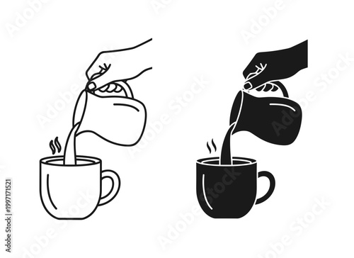 Pouring milk icon set with hand holding pitcher and coffee cup, white background