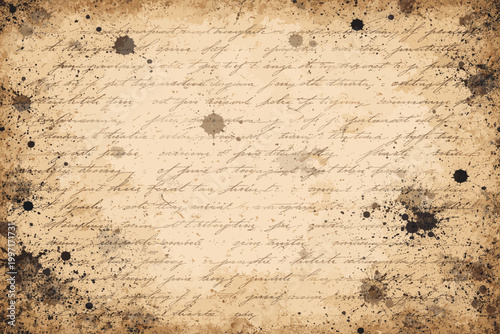 Vintage Aged Paper Texture with Faded Handwritten Script and Black Ink Splatters, Distressed Antique Manuscript Background for Graphic Design, Old Parchment with Illegible Calligraphy and Stains