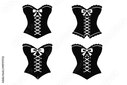 Collection of four black vintage corset silhouettes featuring delicate ribbon bows and lace-up front detailing. Minimalist flat vector icons for fashion design, lingerie, and burlesque themes.