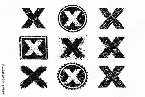 Set of Grungy Alphabet Letter X with Distressed Stamp Effect. Retro Typography Elements for Urban Design, Vintage Textured Cross Symbols, and Ink Splatter Marks for Creative Graphic Projects.