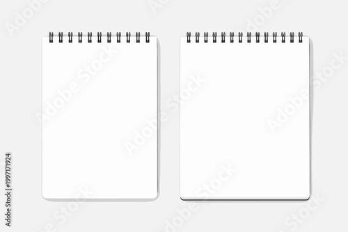 Realistic Blank Spiral Notebook Mockup Set with Black Wire-O Binding, Vertical White Paper Notepad and Sketchbook Template for Stationery Branding, Office Supplies, and Creative Design, Vector.