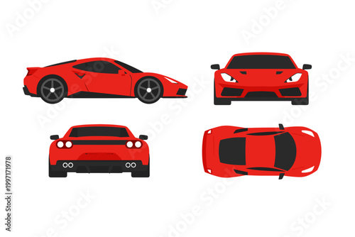 Red sports car vector illustration set featuring side, front, back, and top views. Modern flat design supercar template for automotive graphics, racing games, and vehicle branding projects.